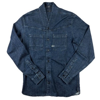 Denham Shirt Mens Small Blue Dark Wash Denim Button Up Shawl Collar Artisan