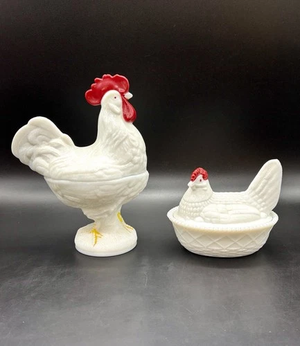 LOT~VTG Westmoreland Milk Glass Hen On Nest+Westmoreland Rooster Candy Dish EUC