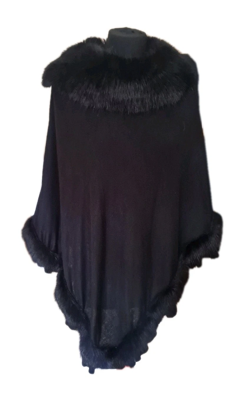 ❤️ Gorgeous Wool Blend Fur Trim Poncho One Size Black