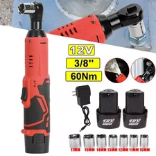 3/8'' Cordless Ratchet Right Angle Wrench Impact Power Tool 2 Battery & 7 Socket