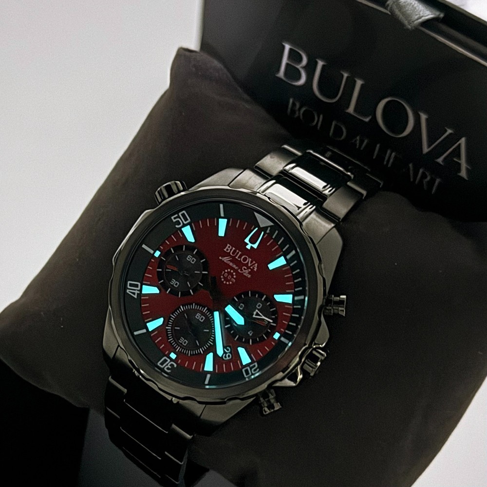 Bulova Men’s Chronograph Marine Star 43mm Red Dial Stainless Quartz Watch 98B350 - second product detail image