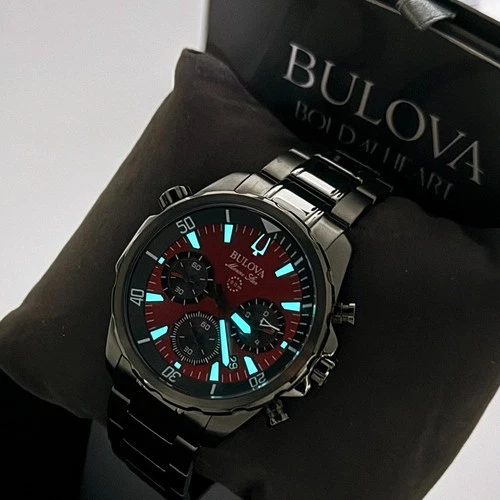 Bulova Men’s Chronograph Marine Star 43mm Red Dial Stainless Quartz Watch 98B350 image 2