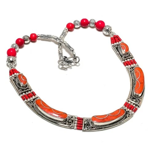 Red Coral Handmade Necklace Bohemian Beaded Charm Tibetan Nepali Jewelry 18" N95