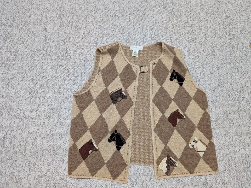 vintage EQUSTRIAN sweater vest XL horse patches WOOL argyle brown SUSAN BRISTOL - Image 3 of 4