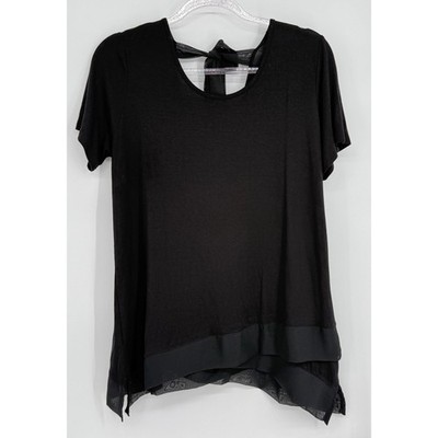 Pebble and Stone Womens Black Short Sleeve Back Tie Layered Hem Top Sz M NEW