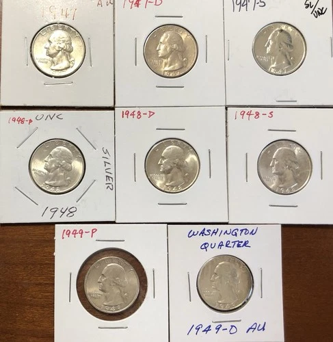 Lot of 8 Washington Quarters 1947, 1948, 1949 all mints 90% Silver – Mostly BU