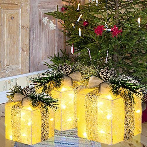 Set of 3 Christmas Lighted Gift Boxes, Pre-lit 60 LED Light Up Warm White - Picture 7 of 7