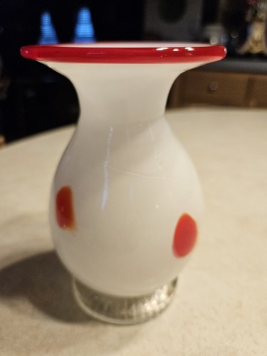 Murano Style Art Glass Orange Rimmed & Spotted/White Milk Glass 6.25" Vase