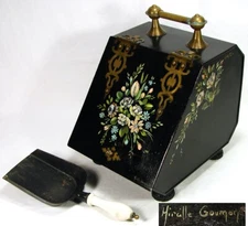 Antique Victorian Toleware Coal Scuttle, Hand Painted Floral on Black, Signed