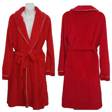 Laura Ashley Plush Robe Red White Trim Medium Pockets Belt Soft Shawl Collar