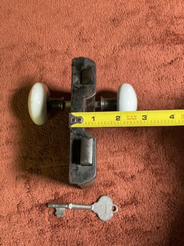 Antique Steel DM & Co. New Haven Rim Gate Lockset, 2 White Porcelain Knobs - Picture 3 of 8