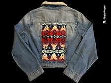 Upcycled Lei Denim Jacket With Sherpa Collar Sz Xxl One Of A Kind W/navajo Print