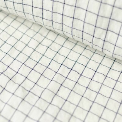 Tissu Lin Lavé Blanc Quadrillé Bleu - Largeur 145cm - Vendu Au Demi-mètre - 100% Lin