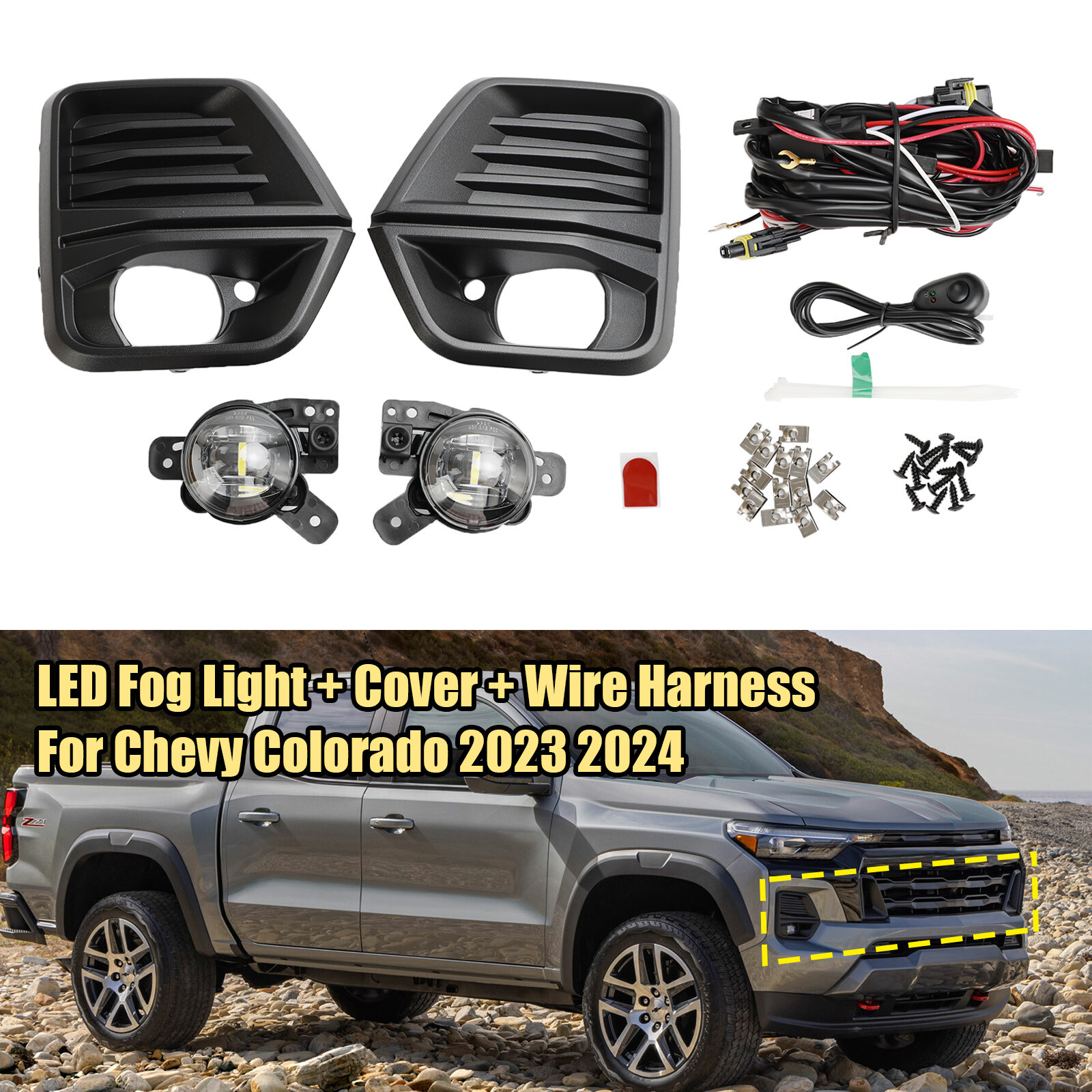 Front Bumper LED Fog Light + Cover + Wire Harness For Chevy Colorado 2023 24 #1