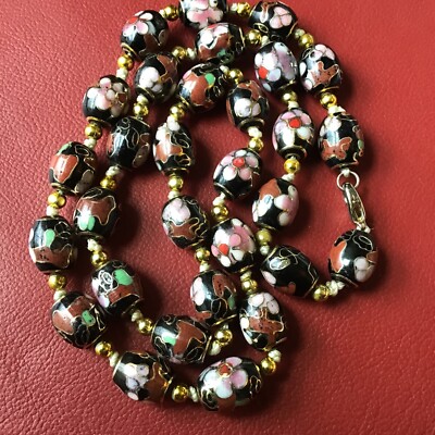 Vintage Black Cloisonne Barrel Beaded Necklace Floral Chinese Cloisonné 