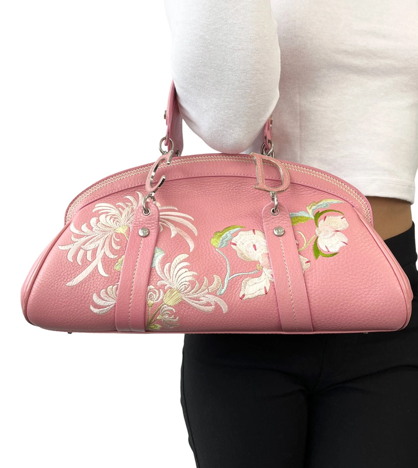 Mini sac Boston Christian Dior vintage 2005 logo brodé rose cuir argenté