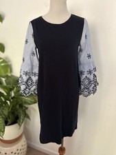 Ann Taylor Loft Womens Shift Dress Size S Navy Blue Embroidered Sleeves
