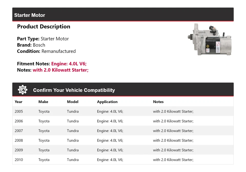 Arranque Bosch V6 4,0 L 2005-2010 Toyota Tundra (remanufacturado) 2006 2007 Foto 2 de 4