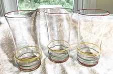 Unknown Hand-Striped Set of 3 (Survivors :-), Crystal Ice Tea Tumblers, 5 1/2"T