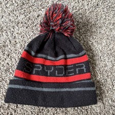 Spyder Striped Black Red Gray Lined Knit Bobble Hat Pom-Pom Winter Ski Logo