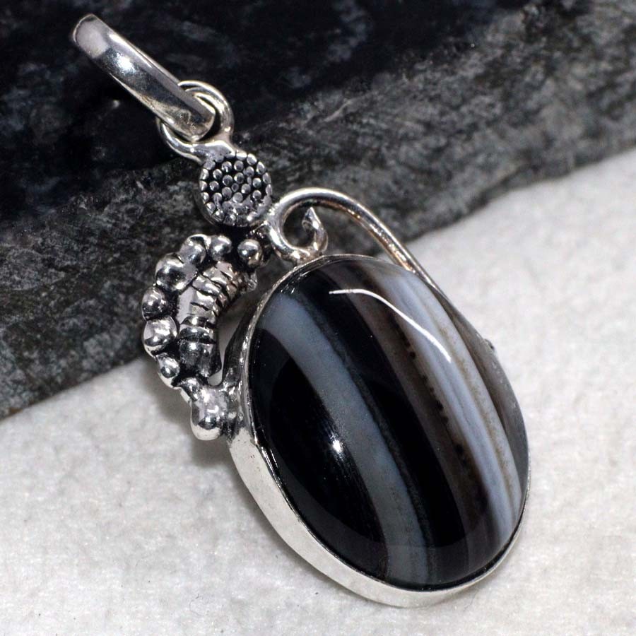 925 Silver Plated Banded Black Onyx Pendant Handmade Jewelry Size 1.6