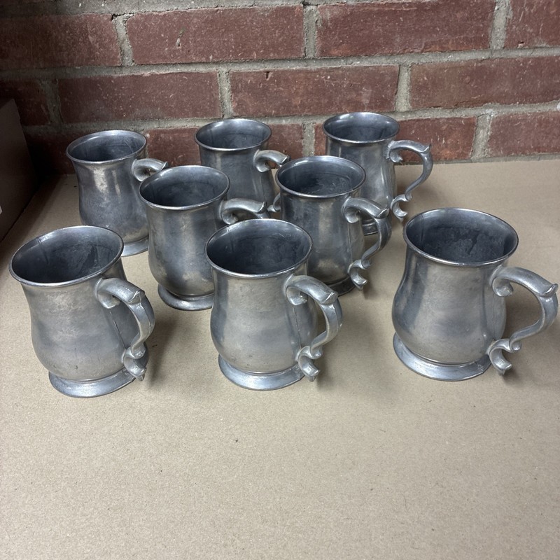 Vintage Crown Castle Pewter Like Aluminum Mugs Stein Set Of 8