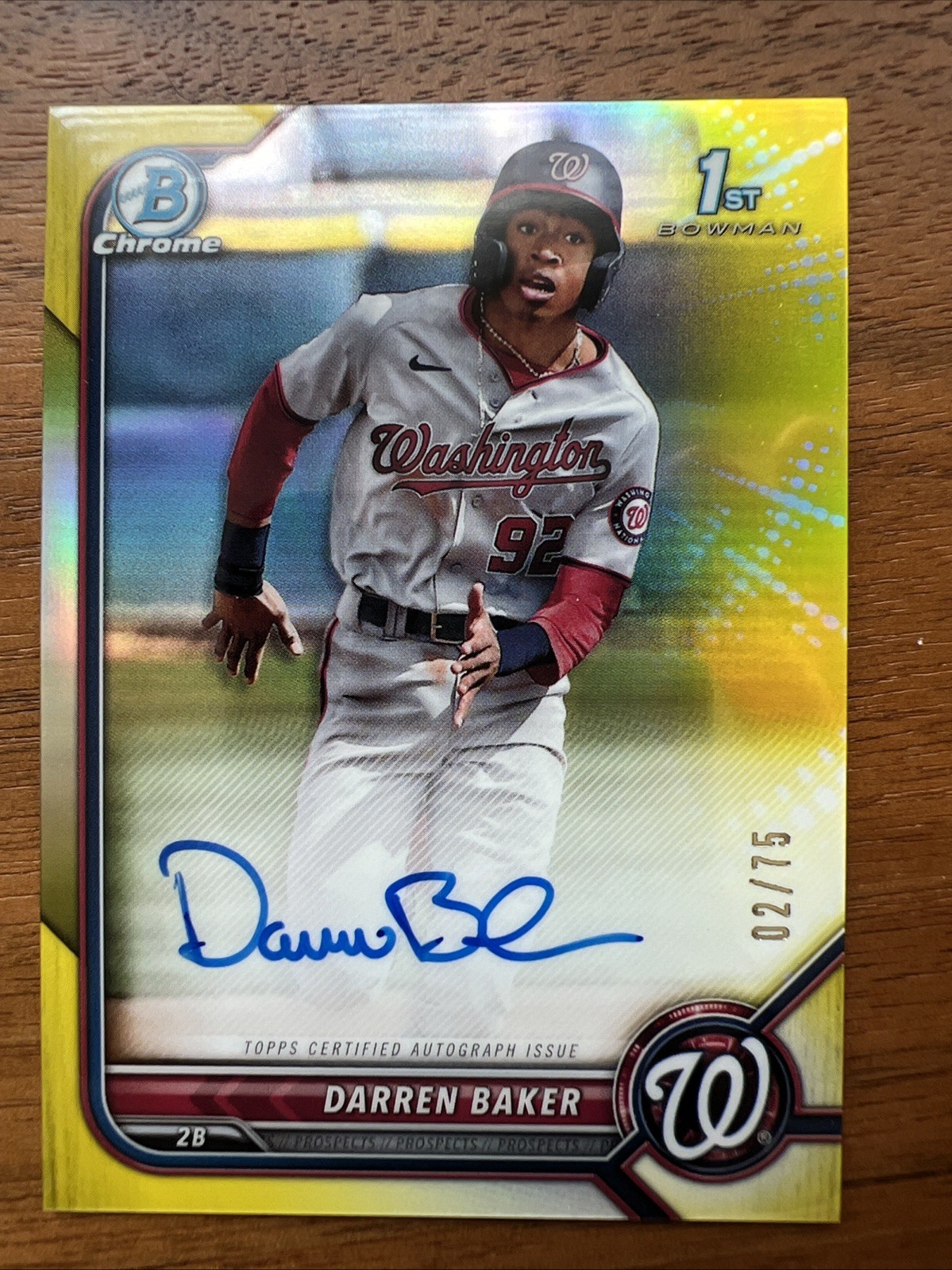 2022 Bowman - 1st Chrome Prospect Auto Darren Baker #CPA-DB Yellow /75