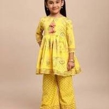 Girls Yellow Floral Kurta Palazzo Set Printed Tassel 2pc Outfit Size 3-4Y