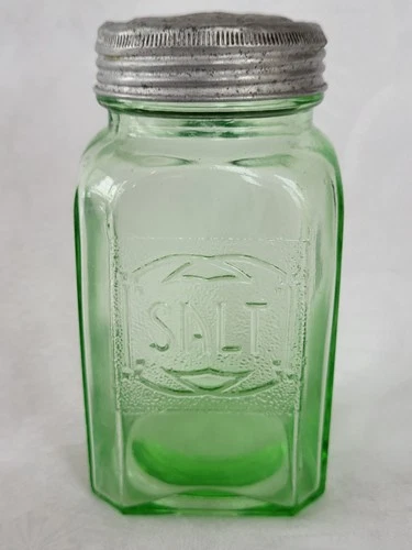 VTG Green Depression Uranium Glass Hazel Atlas Embossed Stove Top Salt Shaker