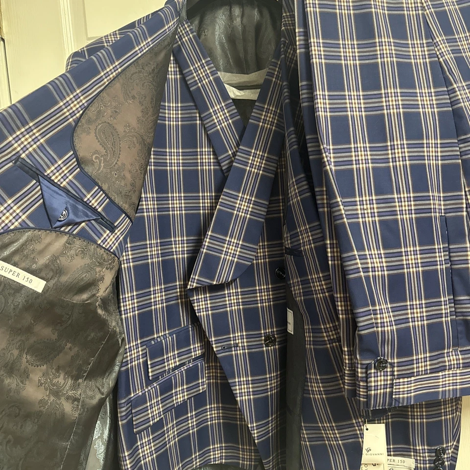 Terno masculino Veno Giovanni 100% lã azul xadrez com colete tamanho 54R/48R novo com etiquetas 3 peças - Imagem 2 de 4
