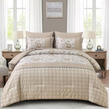 Comforter Set 7 Pieces Bed in a Bag Floral Geometric Patchwork Soft King Beige