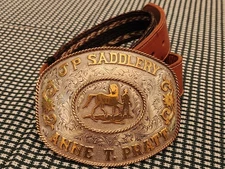 Old Large Advertising Belt Buckle JP Saddlery Anne Pratt Mexico Silver Overlay