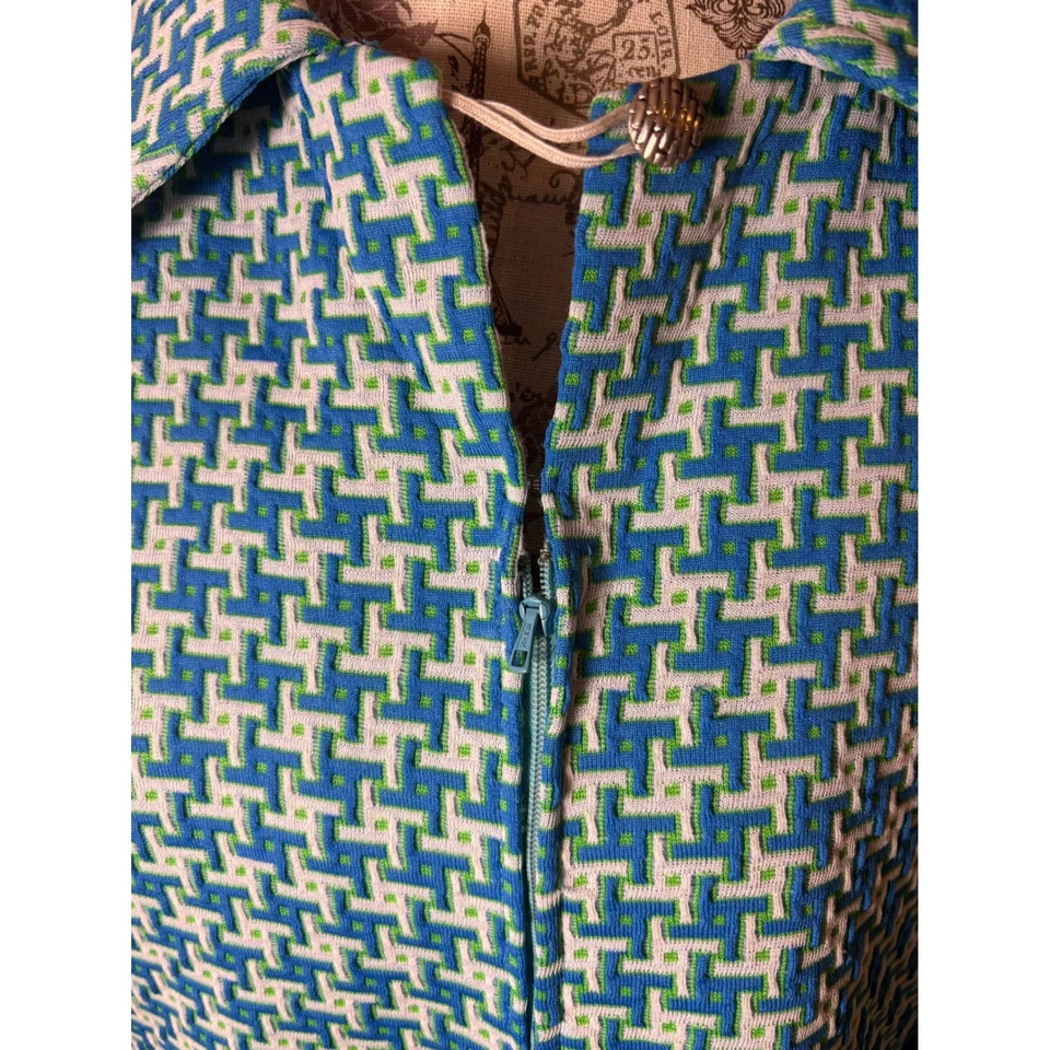 Chaqueta Vintage Años 70 Azul Blanco Verde Estampado Geométrico Cremallera Completa Mod Retro Foto 3 de 4