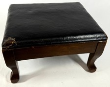 Antique 1920s Black Leather Top Rectangular 14" X 12" x 9" Wood Footstool Stool