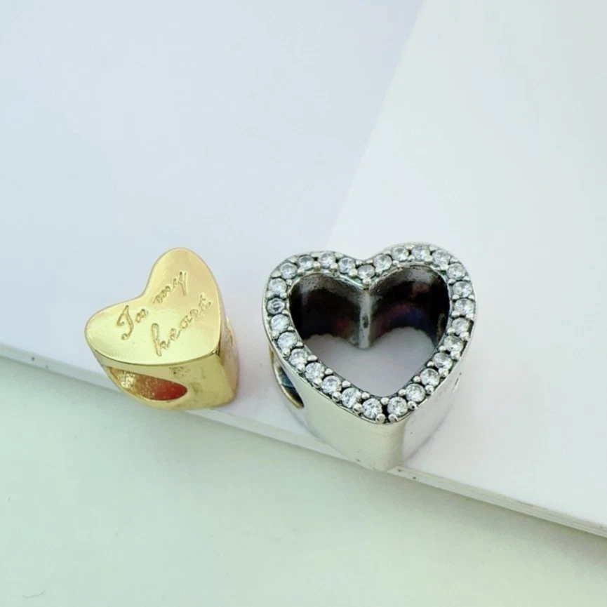 Dije de circonita cúbica de corazones dobles separables chapados en plata y oro 925 se adapta a pulsera Eur/Momentos Foto 2 de 4