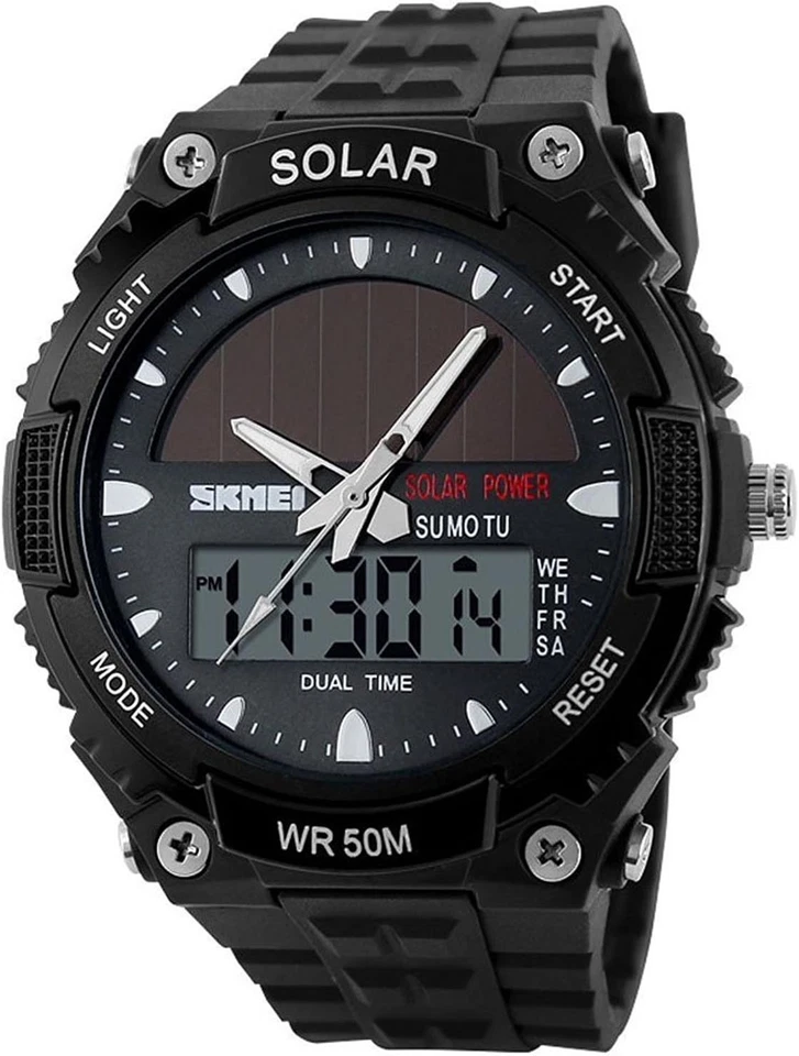 Reloj pulsera de cuarzo informal analógico digital negro FANMIS para hombre alimentado por energía solar  Foto 2 de 4