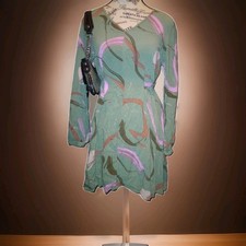 Nine West Green Swirl Knot-Back Dress Size M Long Sleeve V-Neck Rayon Geometric