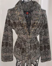 True Grit Womens Southwestern Aztec Pattern Woven Suede Trim Sherpa Tie Jacket-L