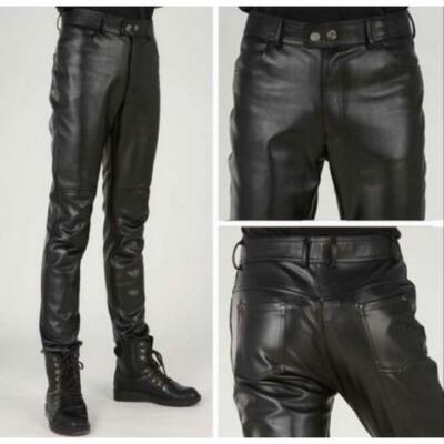 Men's Punk Motorcycle Black Leather Skinny Pants Slim Fit Pencil