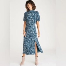 ANN TAYLOR Spotted Puff Sleeve Midi Flare Dress In Midnight Spruce