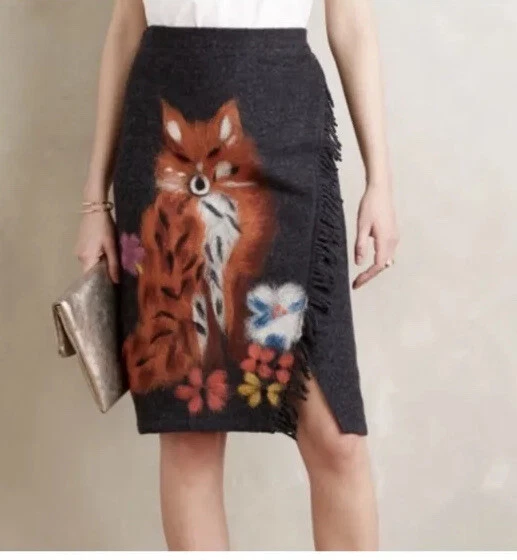 52 Falda de Lana Anthropologie Troubadour Estampado de Zorro Most Wanted Usada en Excelente Condición S