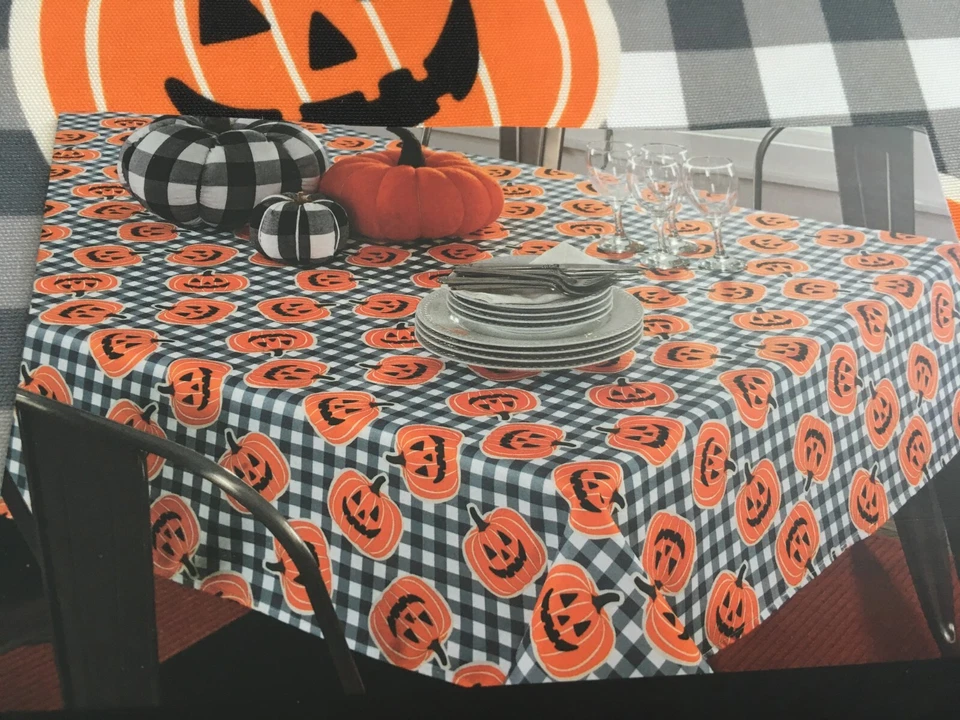 Cynthia Rowley Halloween Orange Pumpkins Black Gingham Tablecloth 52" by 70" - Image 2 of 4