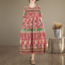 Women Boho Midi Sundress Floral Print A Line Short Sleeve Summer Dress