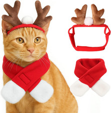 Christmas Cat Reindeer Costume, Xmas Deer Antler Headband with Red Scarf for Sma