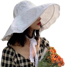 Women Sun Hat Wide Brim Lace Sunscreen Hat with Ribbon Folding Medium White
