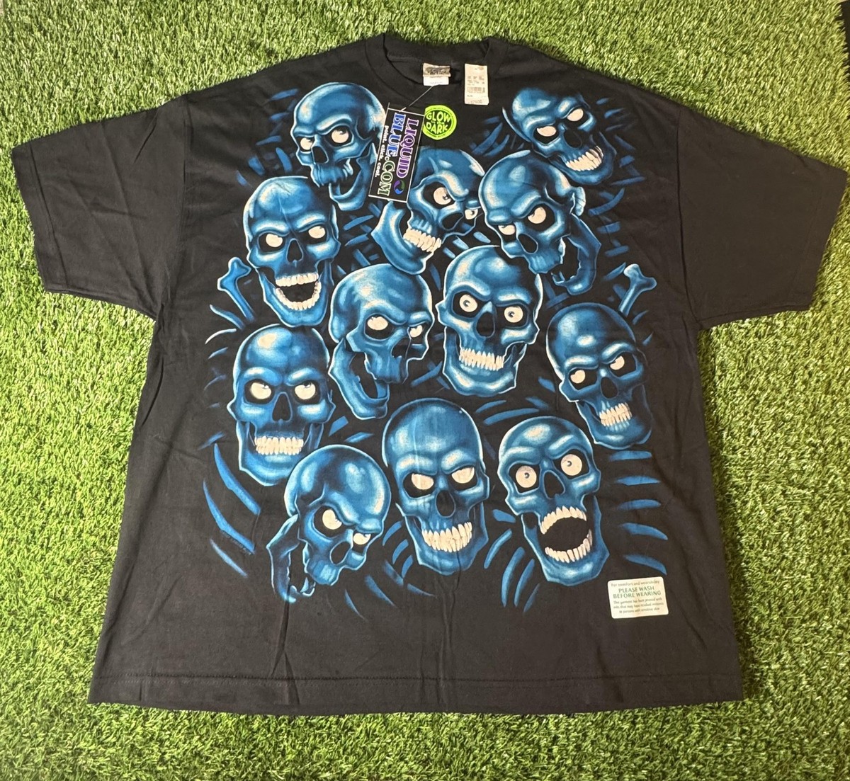 Vintage Liquid Blue Shirt Mens 3XL Black Glow In Dark Blue Skulls