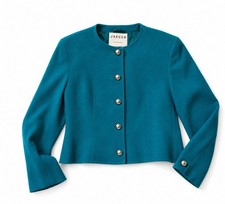 Jaeger Vintage 90s Pure Wool Teal Blue Green Cropped Blazer Jacket Damen UK 12