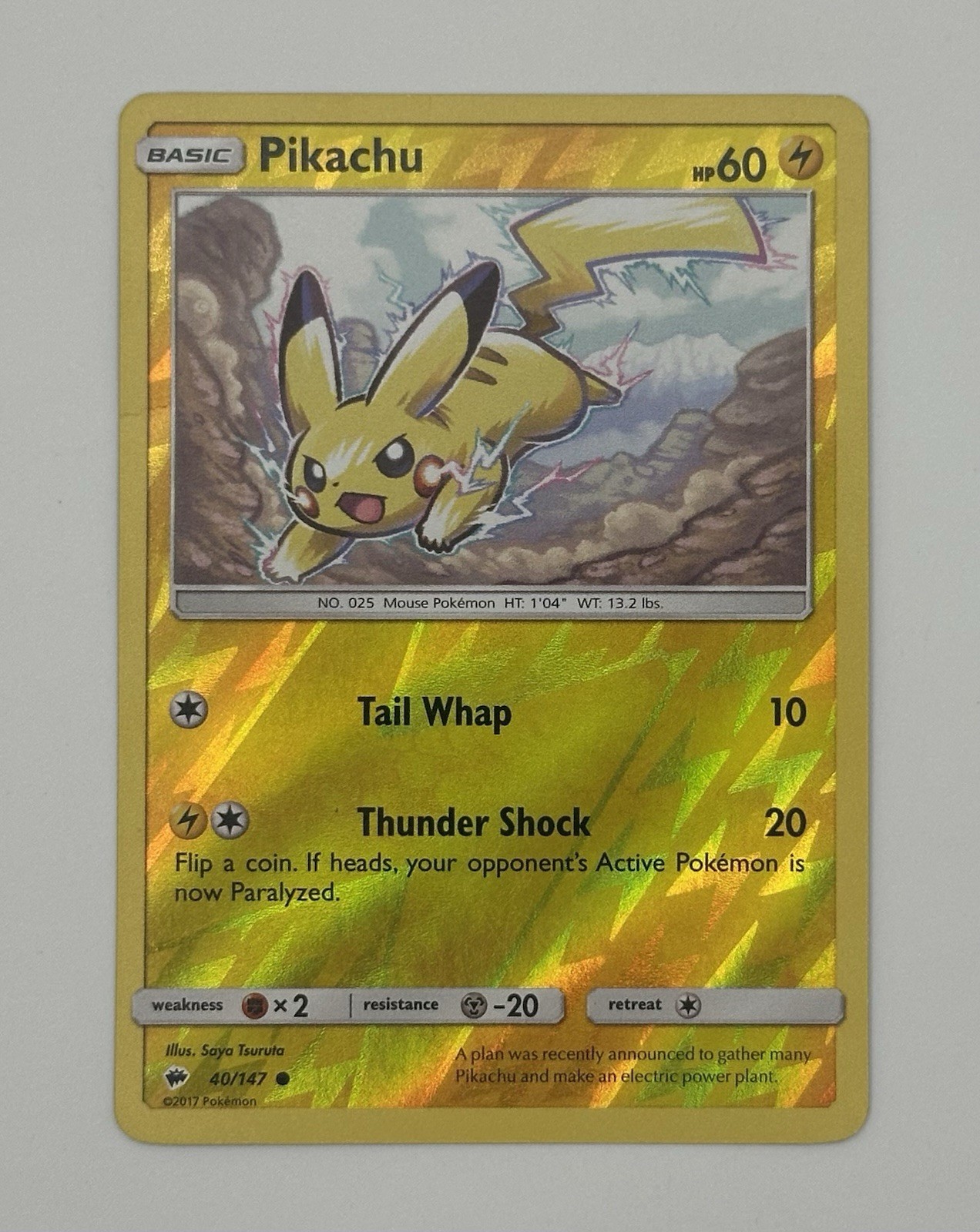 Pikachu 40/147 Common Reverse Holo Card SM - Burning Shadows Pokemon TCG NM