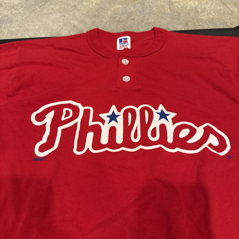 VTG Philadelphia Phillies 1/4 Button 50/50 Jersey Shirt Russel MLB Youth Size XL - Image 2 of 4