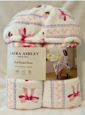 Laura Ashley Lila Pink Bows Flowers Cozy Hooded Throw Blanket NWT